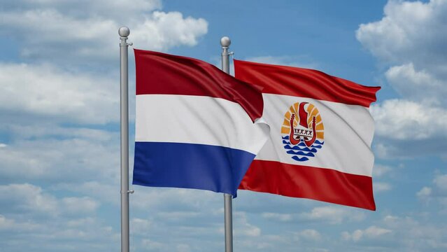 French Polynesia and Netherlands two flags waving together, looped video, two country relations concept