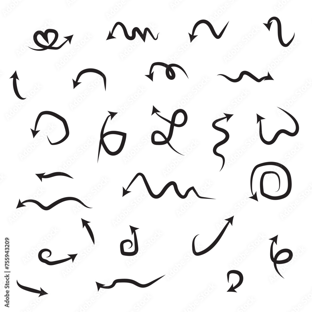 Poster black hand drawn arrows set on white background. arrow, cursor icon. vector pointers collection
