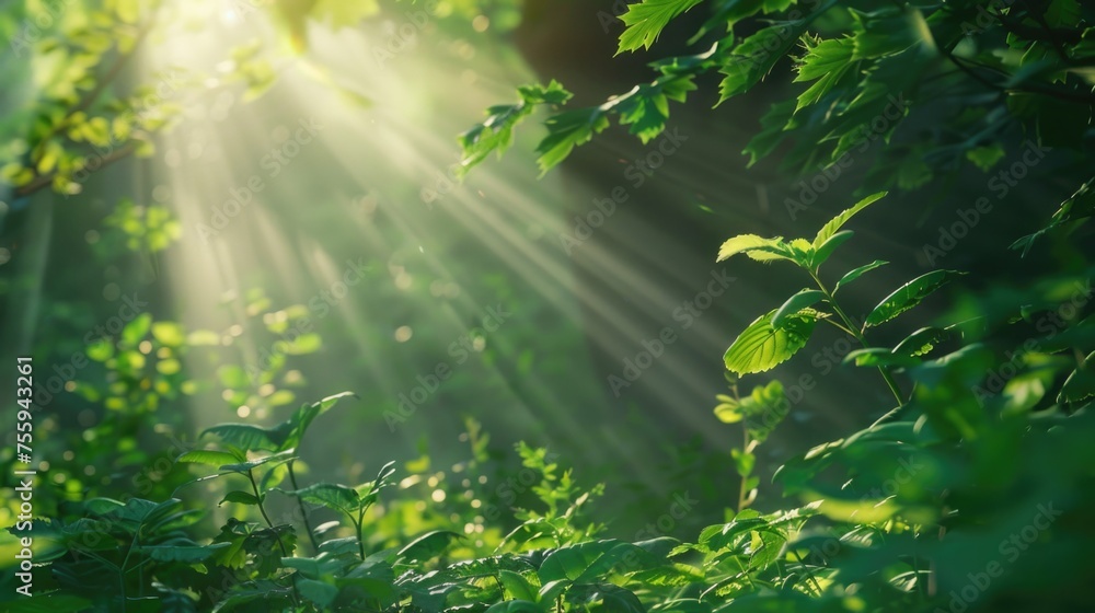 Poster Sunlight shining through the leaves of a tree. Suitable for nature and environmental concepts.
