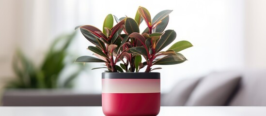 Fototapeta premium Ficus Elastica Ruby planted in a self-watering pot, desk decoration. Houseplant care concept. Indoor plant with automatic watering pot.