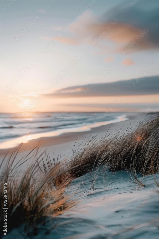 Canvas Prints Beautiful sunset scene over the ocean and sandy dunes, perfect for travel or relaxation concepts.