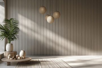 Fototapeta na wymiar Wooden empty room with green home plants and home decor. Interior mockup. Generative AI