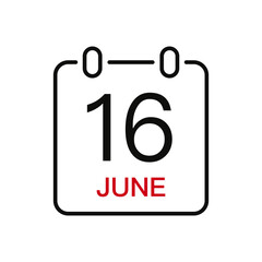 June 16 date on the calendar, vector line stroke icon for user interface. Calendar with date, vector illustration.