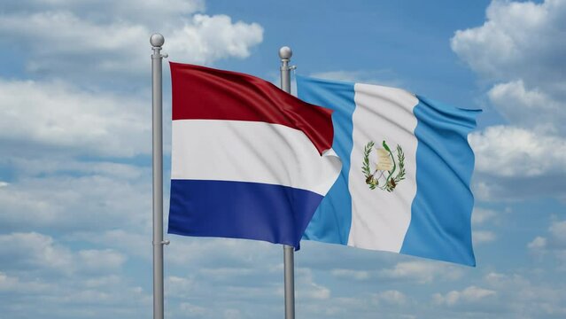 Guatemala and Netherlands two flags waving together, looped video, two country relations concept