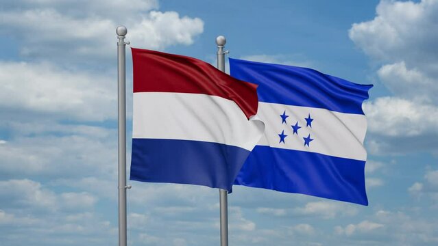Honduras and Netherlands two flags waving together, looped video, two country relations concept