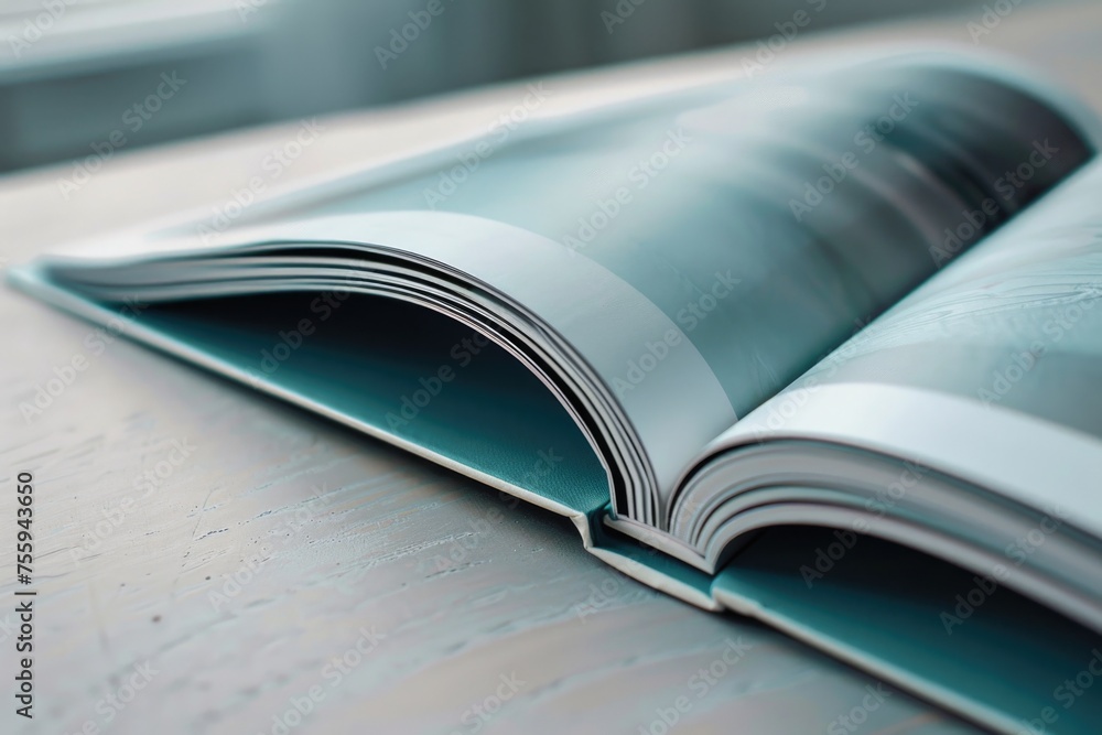 Poster a detailed shot of a book resting on a table. ideal for educational or study concepts.