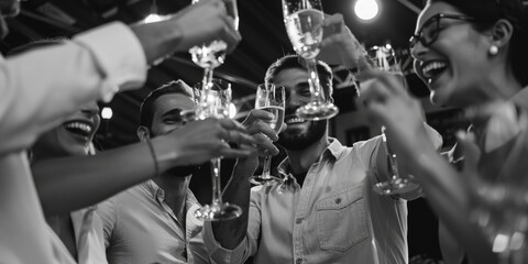 A group of people celebrating with wine glasses. Perfect for social events and celebrations.