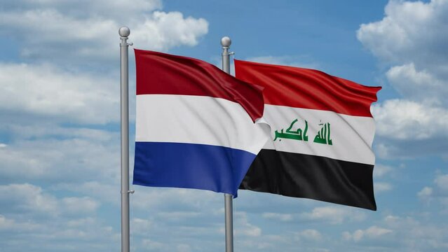 Iraq and Netherlands two flags waving together on blue sky, looped video