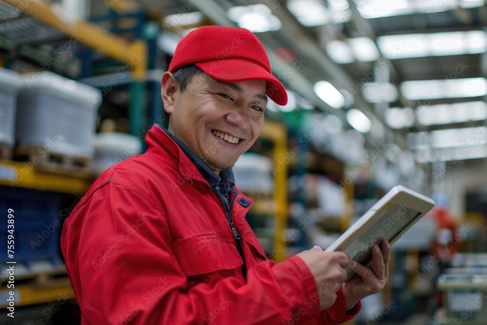 Poster A man in a red jacket holding a tablet computer. Perfect for technology and communication concepts.