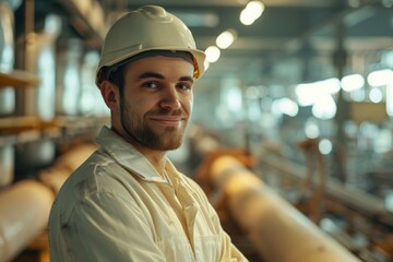 A man wearing a hard hat standing in a factory. Suitable for industrial concepts.