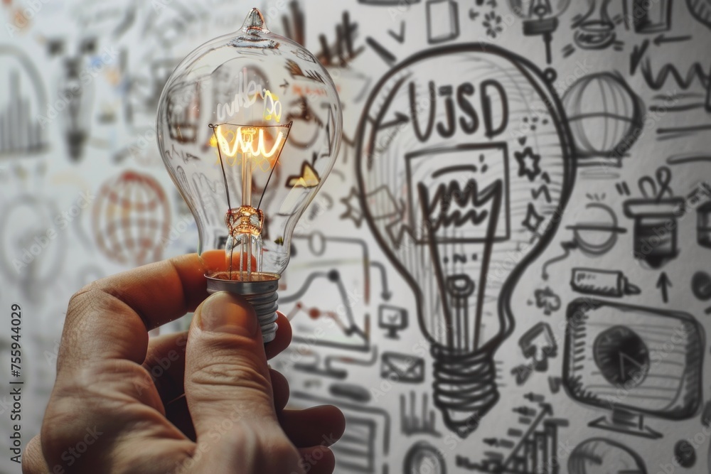 Poster Close-up of a person holding a light bulb. Perfect for illustrating creativity and innovation concepts.