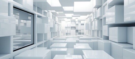 Abstract interior design created with white and black cubes and windows.