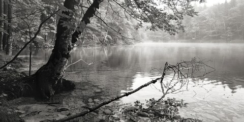 Black and white photo of a serene lake in the woods. Ideal for nature-themed designs.