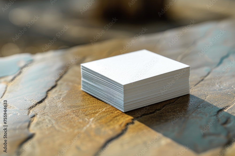 Poster a stack of white business cards on a table, suitable for office and networking concepts.