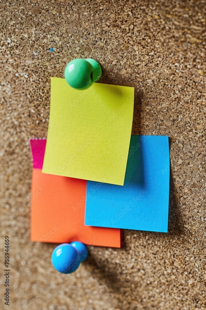 Poster a collection of colorful post it notes on a wall, suitable for office or school concept.