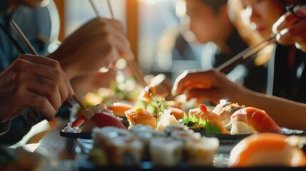 Group of people enjoying sushi at a restaurant. Great for food and dining concepts.