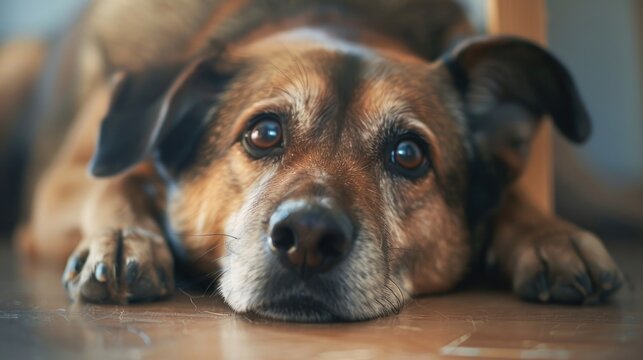 A close-up shot of a dog laying on the floor, suitable for various pet-related projects.
