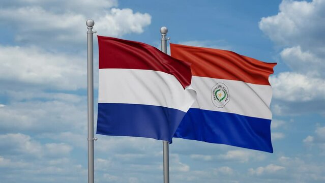 Paraguay and Netherlands two flags waving together, looped video, two country relations concept