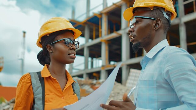 Woman and men contractor together in construction site building. AI generated image