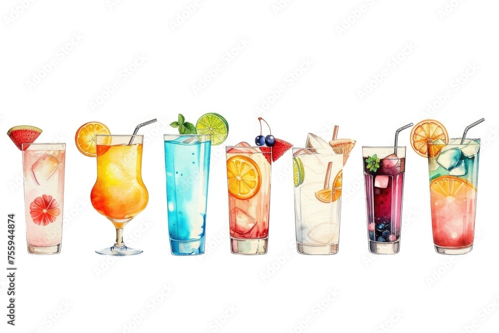 Poster a variety of different types of drinks lined up. perfect for beverage concepts.