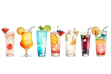 A variety of different types of drinks lined up. Perfect for beverage concepts.