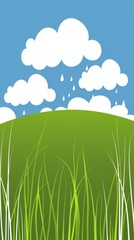 Obraz premium cute illustration with green hill, white clouds and rain