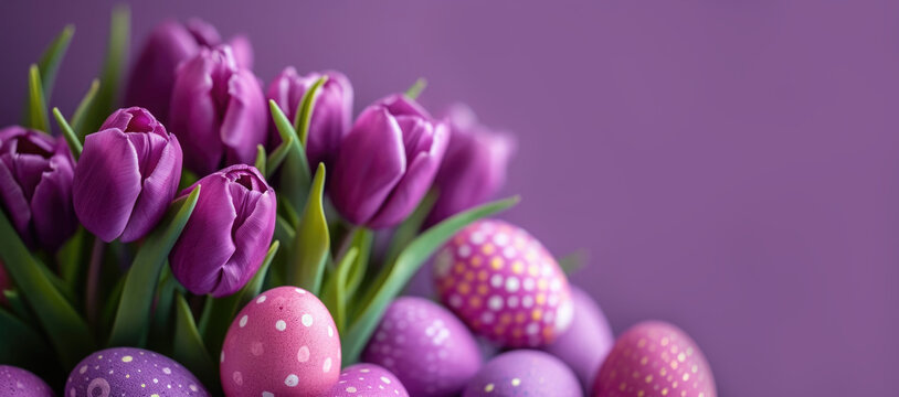 Elegant purple tulips with decorated eggs, symbolizing a festive Easter celebration