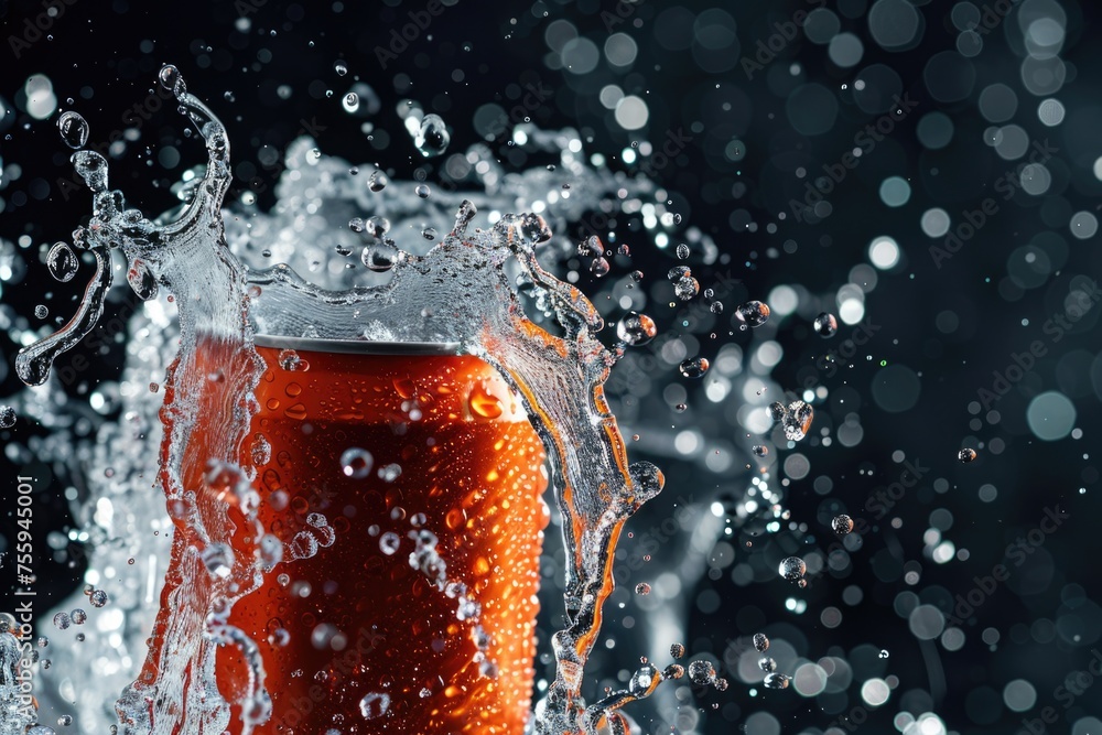 Aufkleber refreshing image of a soda can being splashed, perfect for advertising.