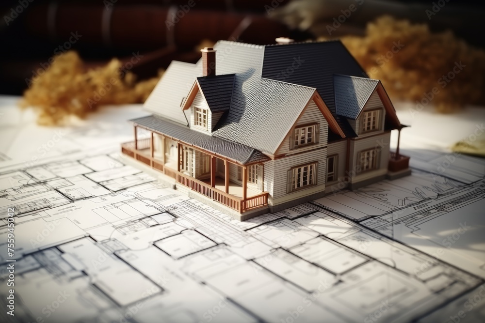 Poster construction of house on blueprints - building project and architecture concept