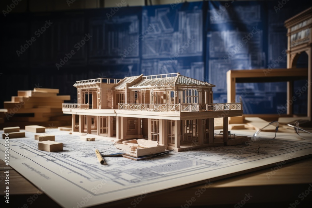 Poster construction of house on blueprints - building project and architecture concept