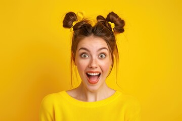Woman in yellow shirt making a humorous expression. Suitable for social media posts.