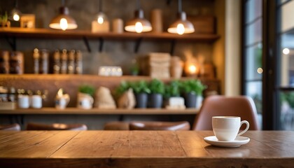 a cup of coffee sits on a wooden table, cozy