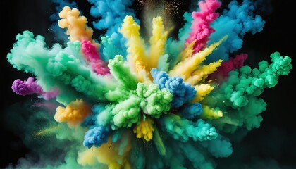 a colorful explosion of colored powder on a black background
