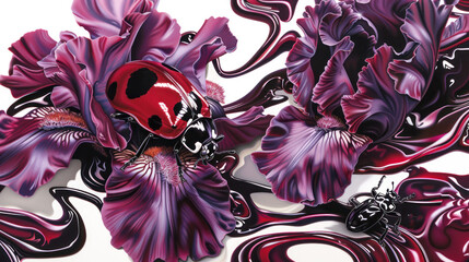 a painting of purple flowers with a ladybug on the center of the flower and a spider on the bottom of the flower.
