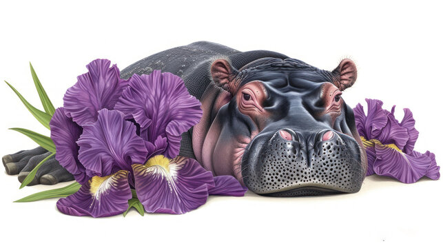 a hippo laying on the ground next to a bunch of purple flowers and a purple hippo's head.