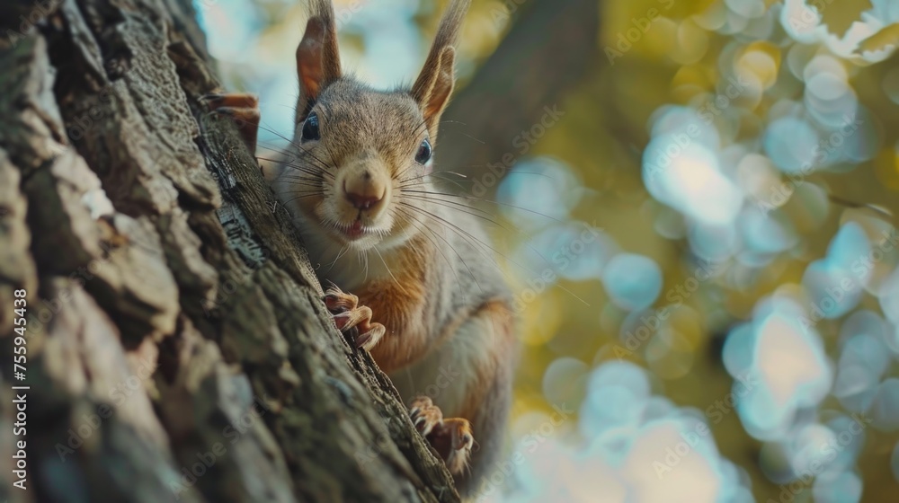 Poster close up of a squirrel perched on a tree branch. suitable for nature and wildlife themes.