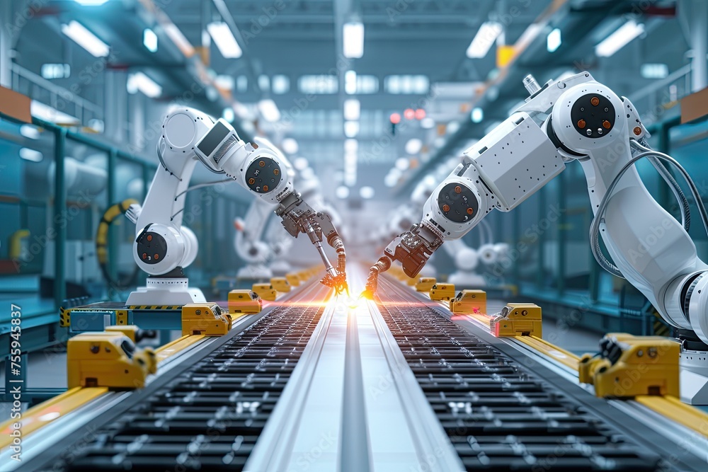 Poster robotic arms working together in a factory assembly line
