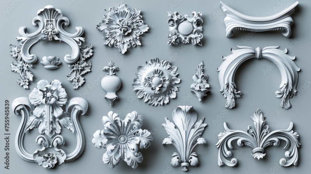 Poster Various decorative objects arranged on a gray surface. Perfect for interior design projects.
