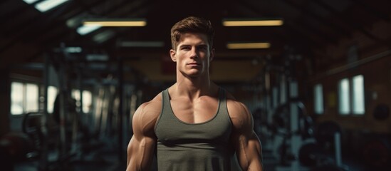 Fototapeta premium A man in a tank top is standing in a gym, showing off his toned chest and abdomen. The darkness of the room adds an artistic flair to the scene, creating a fun and energetic atmosphere for this event