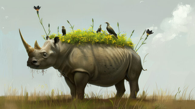 a rhino with a bunch of plants on it's head and birds perched on top of the rhino's head.