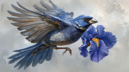 a painting of a blue bird with wings outstretched and a flower in it's beak in front of a gray background.