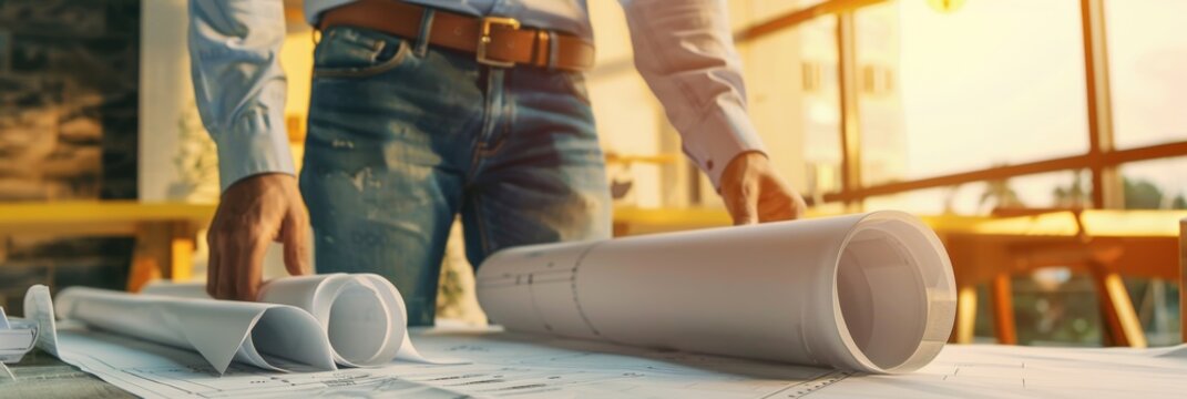 Architect with rolled blueprints on site - A confident architect stands with rolled blueprints at a construction site, ready to bring plans to life