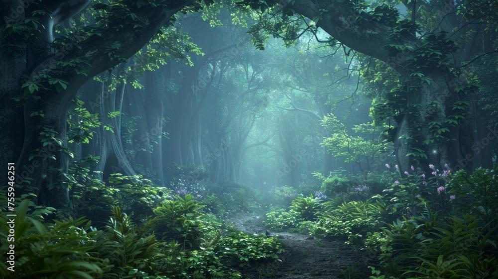 Poster enchanted misty forest path at dawn - a serene path in a lush verdant forest with a misty atmosphere