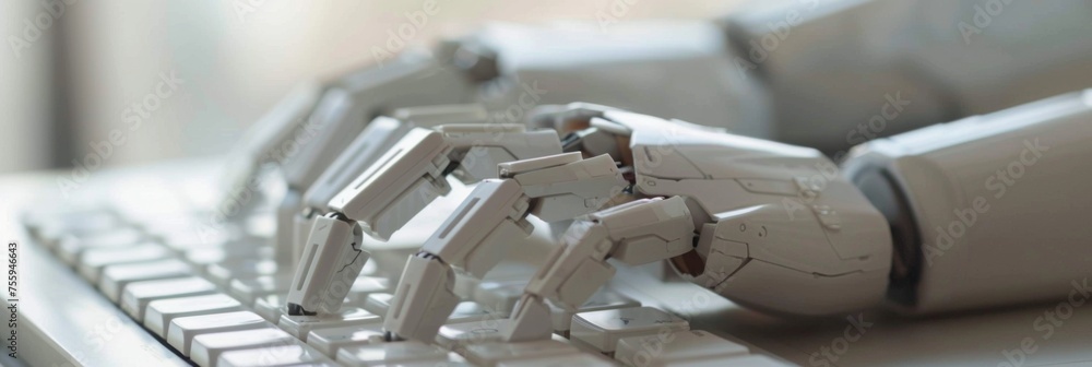 Poster robot hand typing on keyboard close-up - a robotic hand is poised above a computer keyboard, suggest