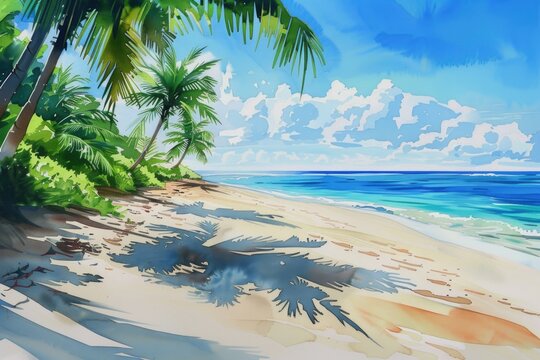 A serene painting of a tropical beach. Perfect for travel brochures.