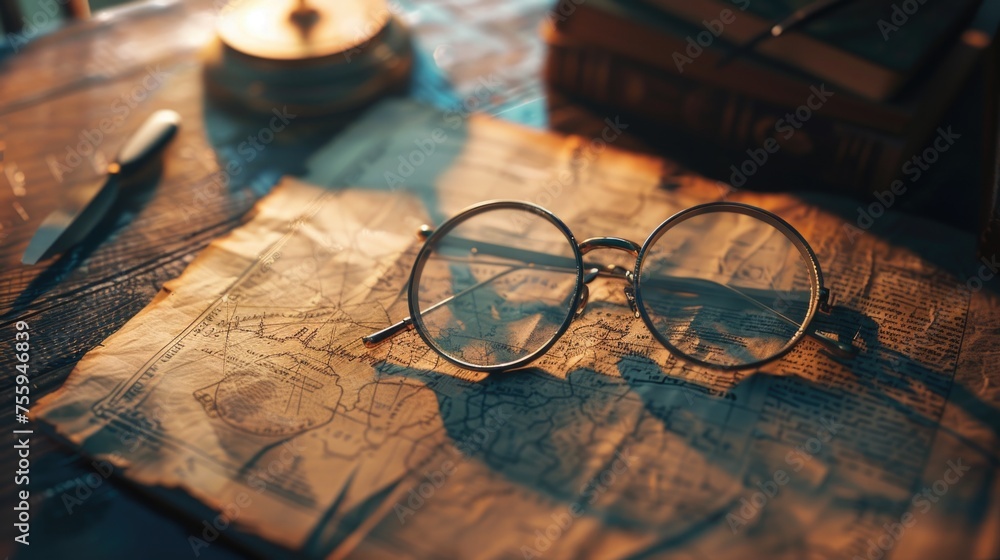 Poster a pair of glasses resting on a piece of paper. can be used for office or education concepts.