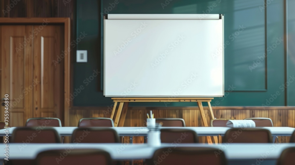 Poster a white board placed in front of a group of chairs. suitable for educational or business concepts.