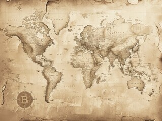 Old-world map with Bitcoin trade routes, sepia tones, blending exploration with digital currency