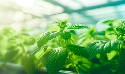 Close up of mint leaves, blurred greenhouse background