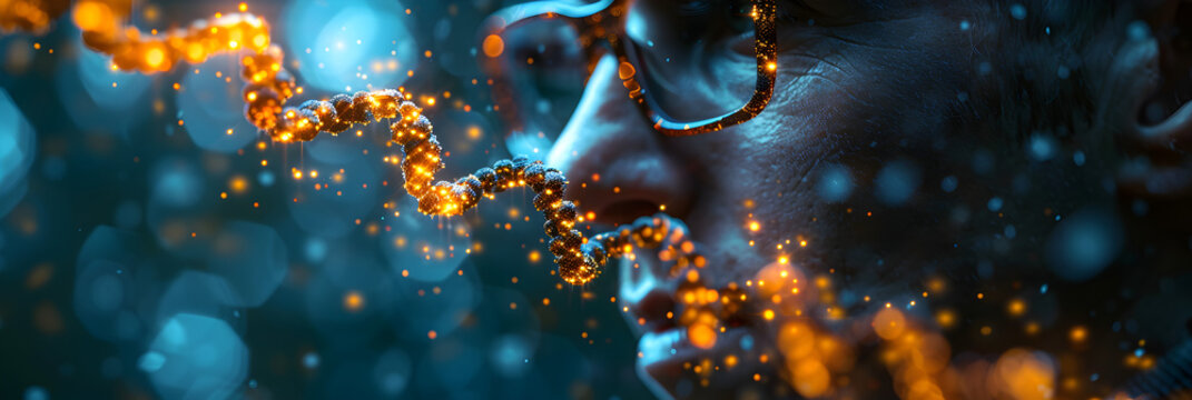 Genetic research conceptual image,
An evocative digital artwork of a scientist peering into a microscope